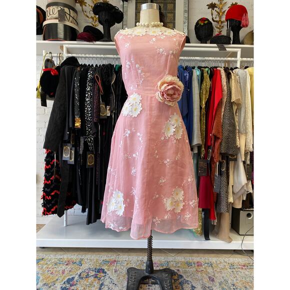 Vintage style pink organza dress applique daisies easter spring wedding s/m 28 - Picture 1 of 12